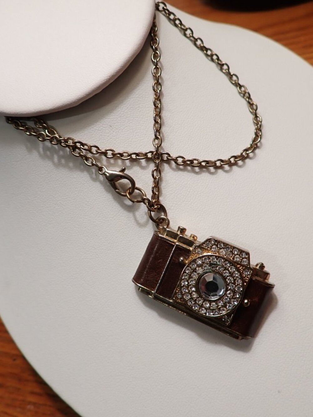 Vintage Brown Leather Camera Pendant Gold Tone Chain Necklace